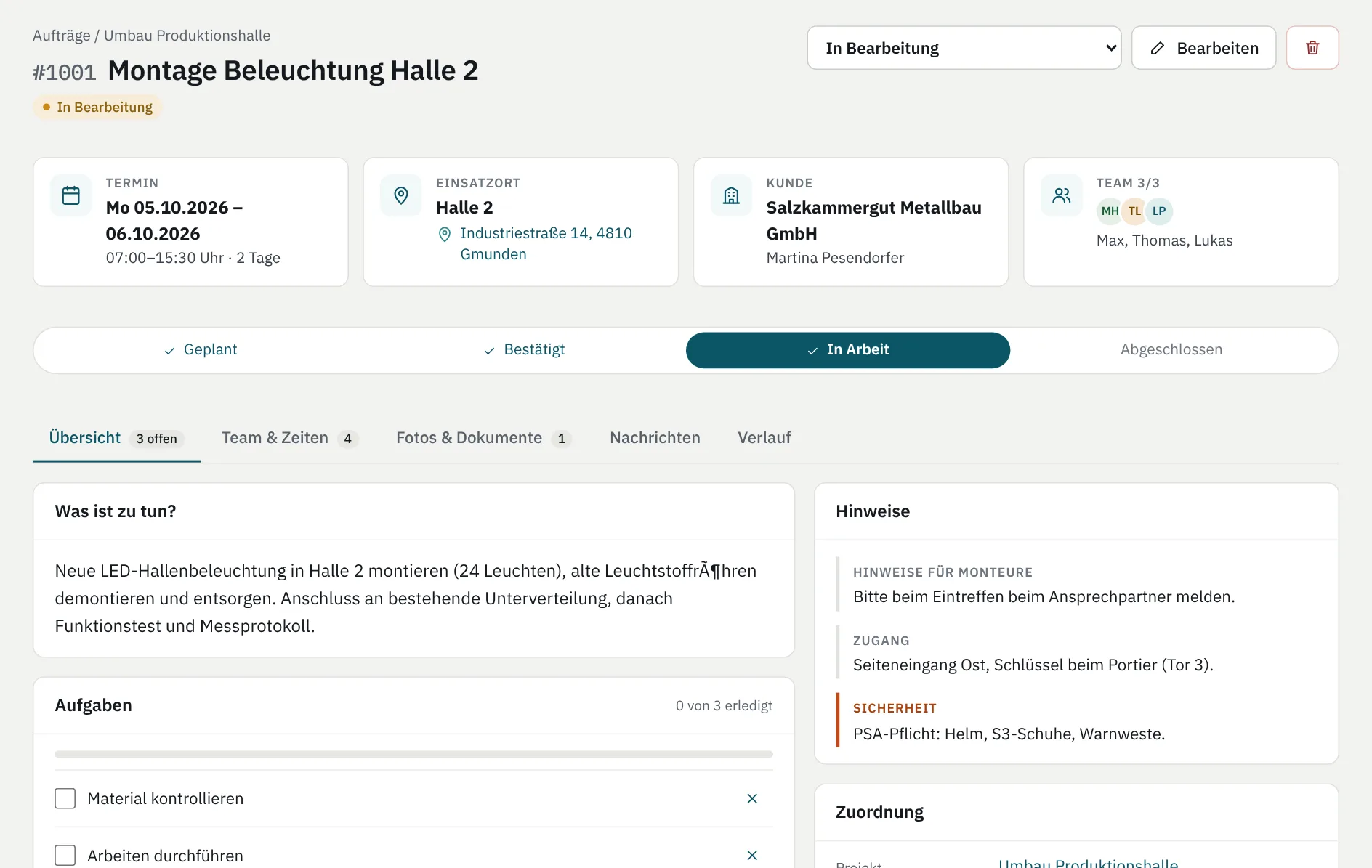 Auftragsansicht mit Termin, Einsatzort, Kunde, Team und Fortschritt