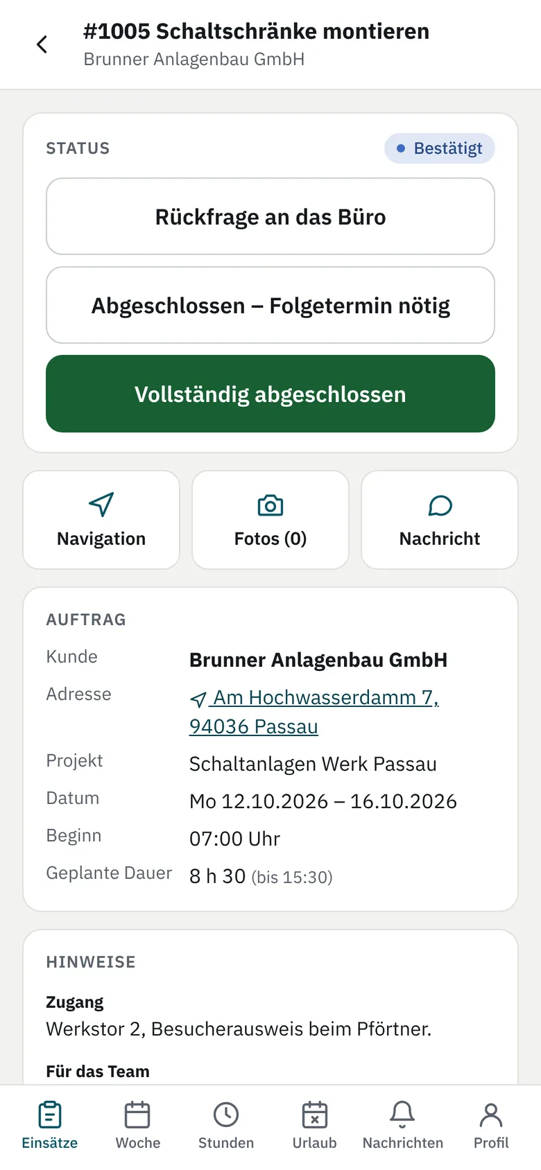 Handy-Ansicht eines Einsatzes mit Aufgaben und Zeit melden
